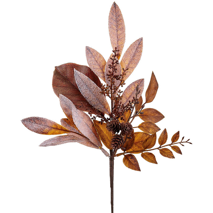 16" Artificial Mixed Pinecone, Magnolia & Bay Leaf Stem Pick -Brown/Green (Pack of 36) - PKP002-BR/GR
