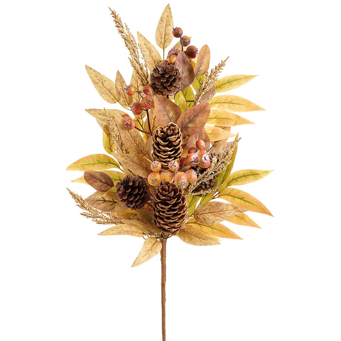 27" Mixed Eucalyptus Leaf, Berry & Pinecone Silk Stem -Tan/Brown (Pack of 4) - PSE906-TN/BR