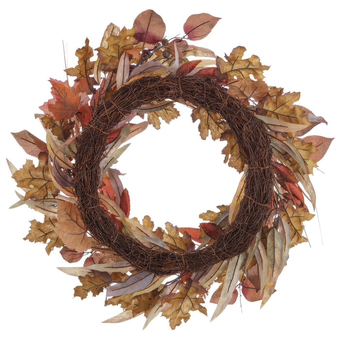 24" Artificial Mixed Fall Leaf & Berry Wreath -Brown/Green - PWB004-BR/GR