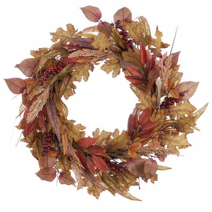 24" Artificial Mixed Fall Leaf & Berry Wreath -Brown/Green - PWB004-BR/GR