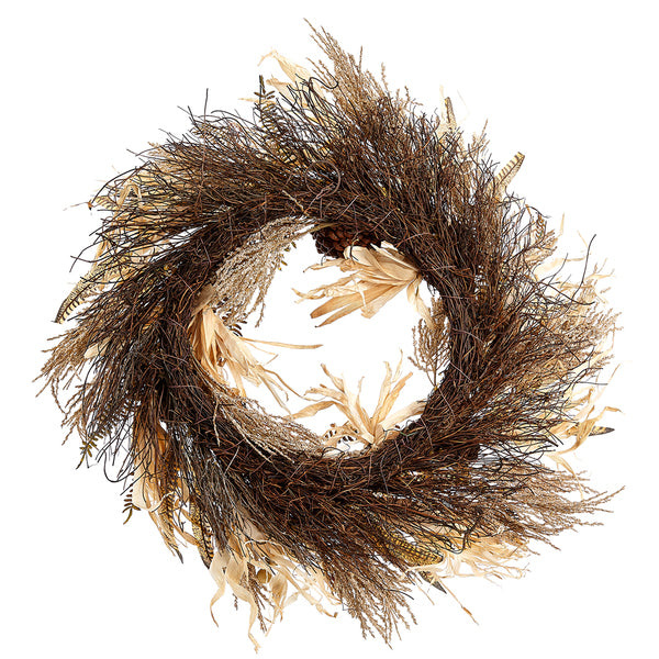 22" Artificial Berry, Grass, Pinecone & Feather Hanging Wreath -Beige/Brown (pack of 4) - PWB006-BE/BR