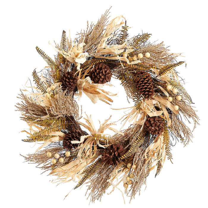 22" Artificial Berry, Grass, Pinecone & Feather Hanging Wreath -Beige/Brown (pack of 4) - PWB006-BE/BR