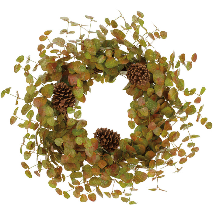 26" Eucalyptus Leaf & Pinecone Silk Wreath -Green/Brown (Pack of 6) - PWE486-GR/BR
