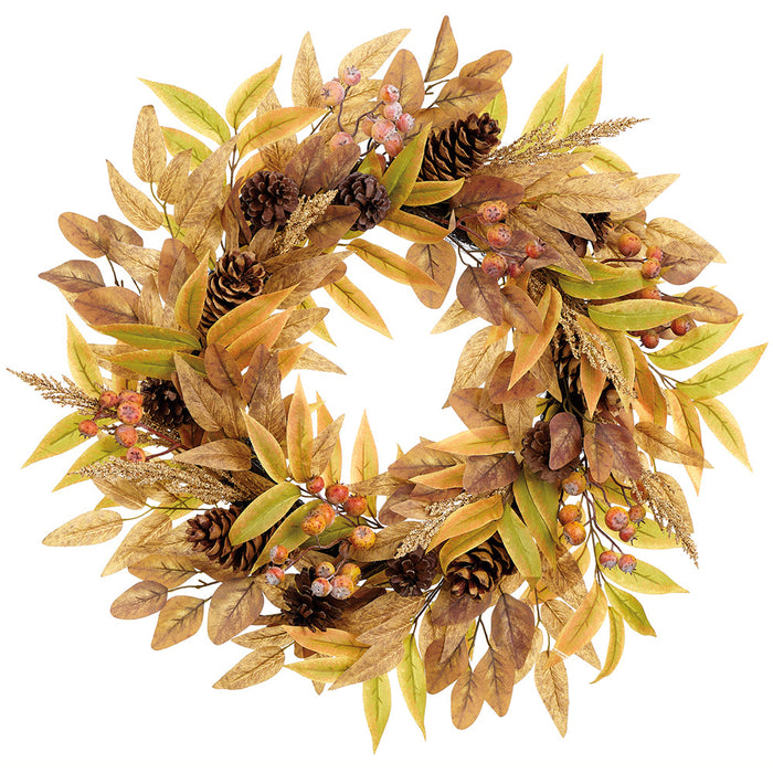 26" Eucalyptus Leaf, Berry & Pinecone Silk Wreath -Tan/Brown (Pack of 4) - PWE904-TN/BR