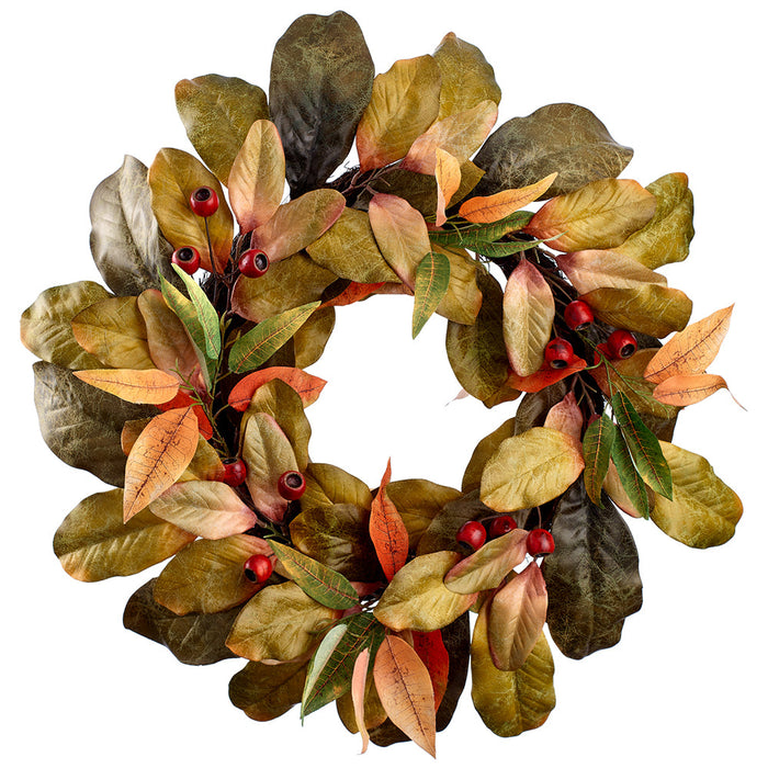 24" Magnolia, Eucalyptus Leaf & Rosehip Silk Hanging Wreath -Green/Orange (pack of 2) - PWL946-GR/OR