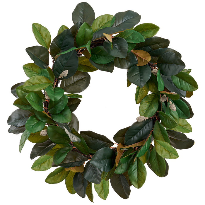 28" Silk Magnolia Leaf Wreath -Green (Pack of 2) - PWM002-GR