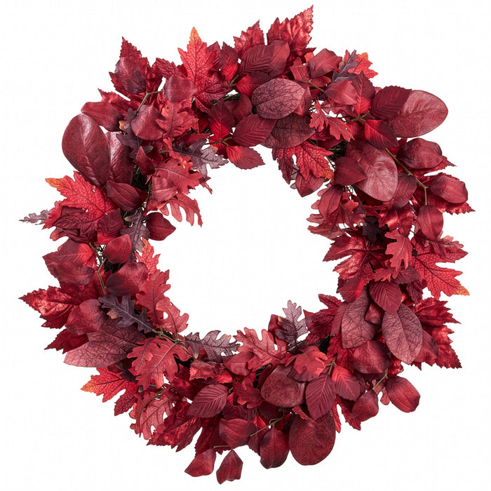 28" Artificial Maple & Oak Leaf Wreath -2 Tone Burgundy - PWM012-BU/TT