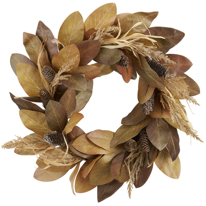 24" Magnolia Leaf, Pod & Pinecone Silk Hanging Wreath -2 Tone Brown (pack of 2) - PWM092-BR/TT