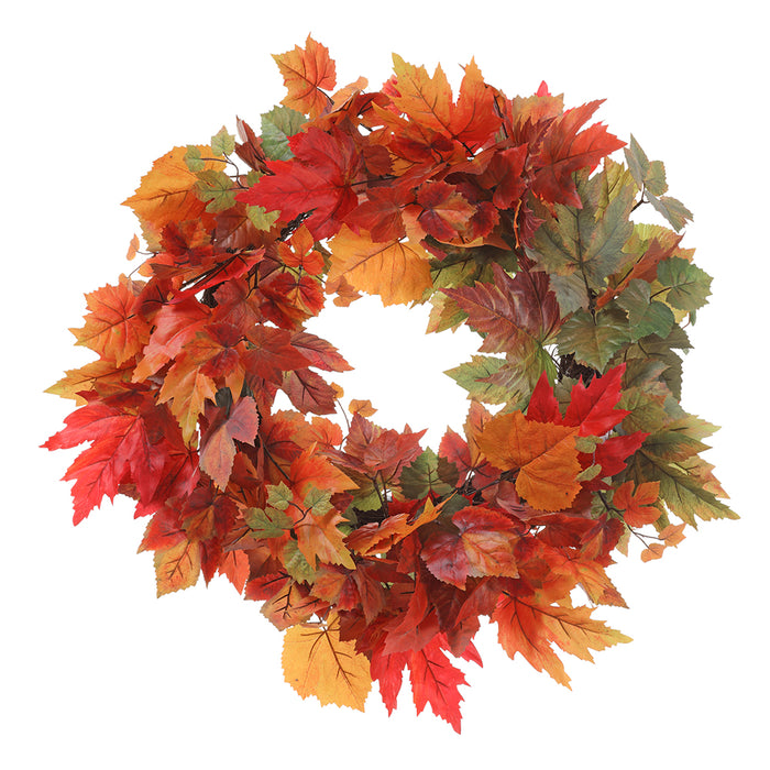 27" Silk Maple Leaf Wreath -Orange/Green - PWM102-OR/GR