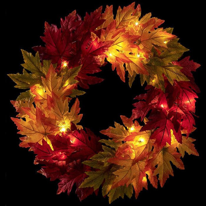 24" Maple Leaf Artificial Wreath, LED Pre-Lit -Fall - PWM451-FA