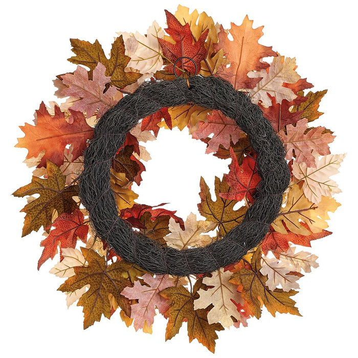 22" Mixed Maple & Oak Leaf Silk Wreath -Brown/Green (Pack of 4) - PWM901-BR/GR