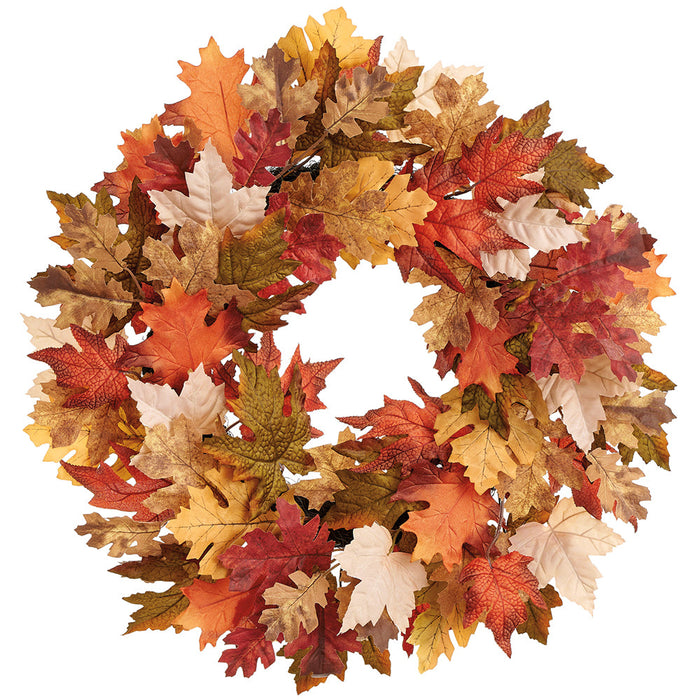 22" Mixed Maple & Oak Leaf Silk Wreath -Brown/Green (Pack of 4) - PWM901-BR/GR