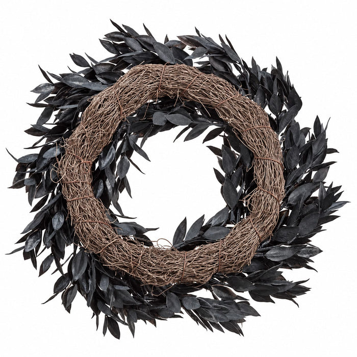 14" Silk Nageia Nagi Leaf Wreath -Black (Pack of 4) - PWN273-BK