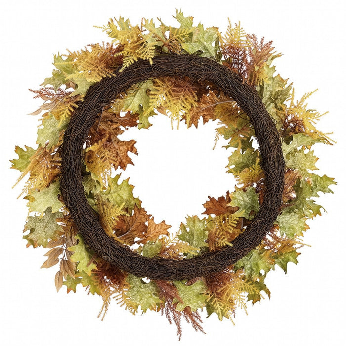 32" Artificial Oak & Fern Leaf Wreath -Green/Mustard (Pack of 2) - PWO003-GR/MD