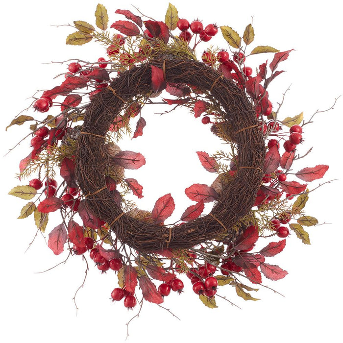 24" Mixed Berry, Pinecone & Oak Leaf Silk Wreath -Burgundy/Fall - PWO018-BU/FA