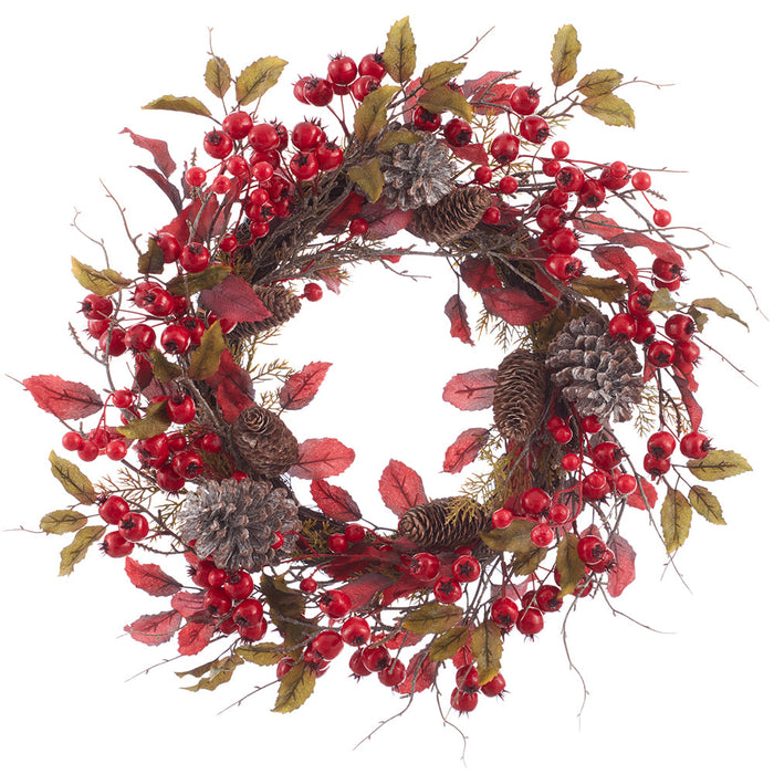 24" Mixed Berry, Pinecone & Oak Leaf Silk Wreath -Burgundy/Fall - PWO018-BU/FA