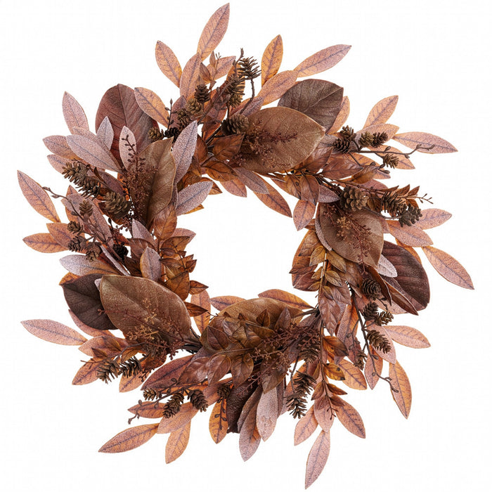 22" Artificial Pinecone, Magnolia & Bay Leaf Wreath -Brown/Green (Pack of 4) - PWP002-BR/GR