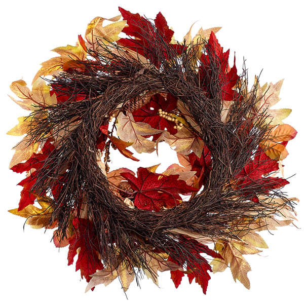 22" Silk Pinecone, Berry, Corn Husk & Maple Leaf Wreath -Green/Brown (Pack of 4) - PWP261-GR/BR