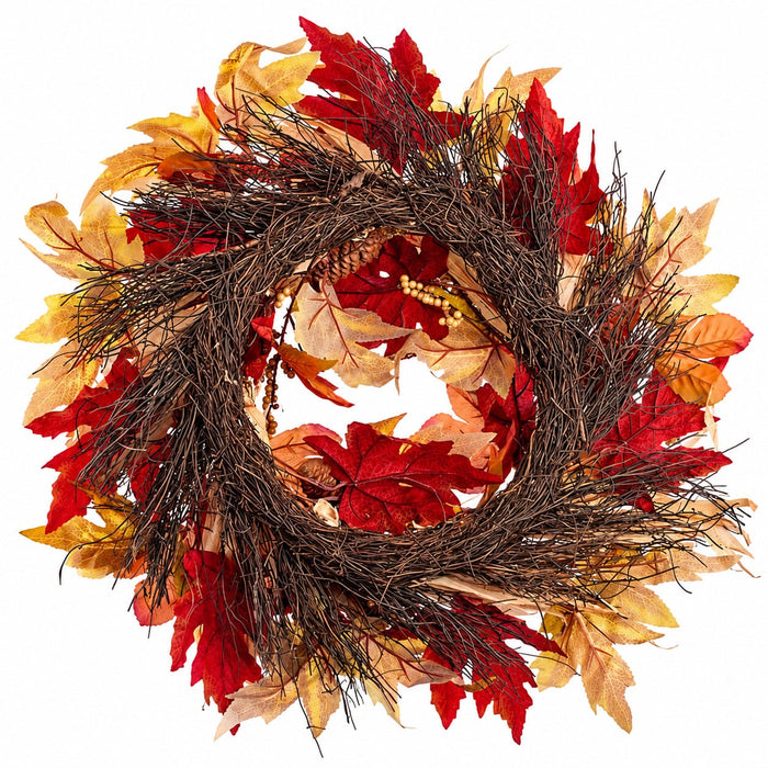 22" Silk Pinecone, Berry, Corn Husk & Maple Leaf Wreath -Green/Brown (Pack of 4) - PWP261-GR/BR
