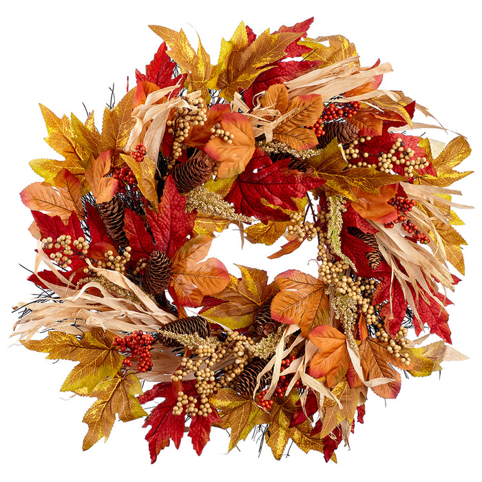 22" Silk Pinecone, Berry, Corn Husk & Maple Leaf Wreath -Green/Brown (Pack of 4) - PWP261-GR/BR