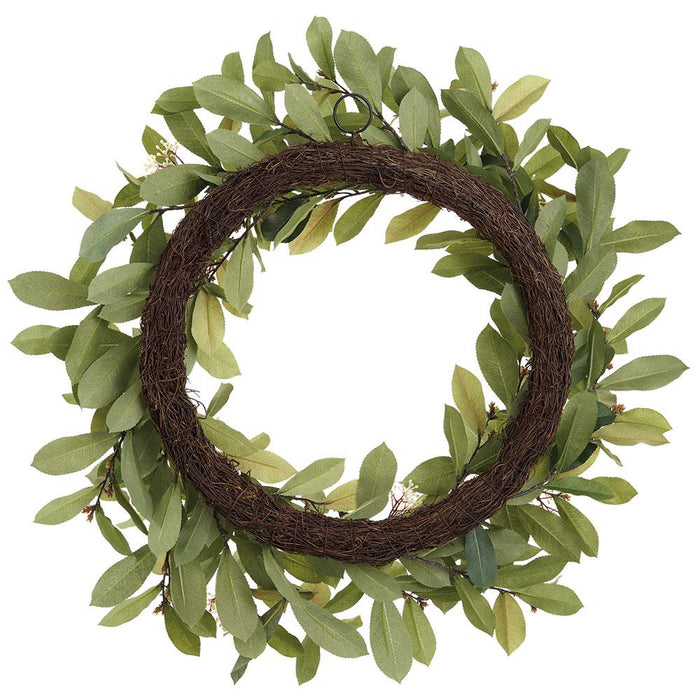 28" Photinia Leaf With Blossom Silk Wreath -Green (Pack of 2) - PWP766-GR