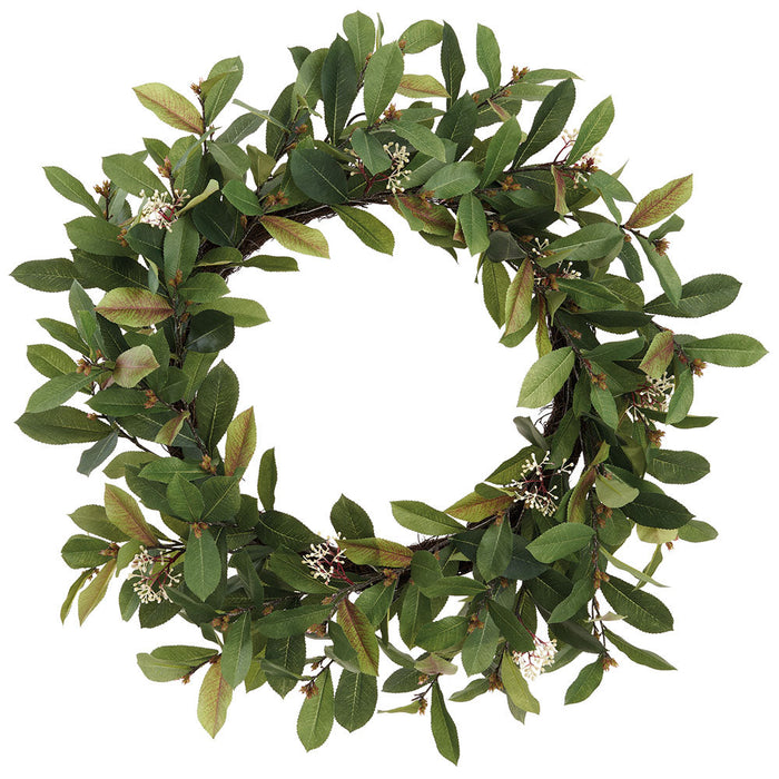 28" Photinia Leaf With Blossom Silk Wreath -Green (Pack of 2) - PWP766-GR