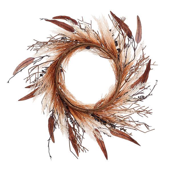 24" Silk Eucalyptus, Rattail Grass & Twig Wreath -Beige/Brown (Pack of 2) - PWX203-BE/BR