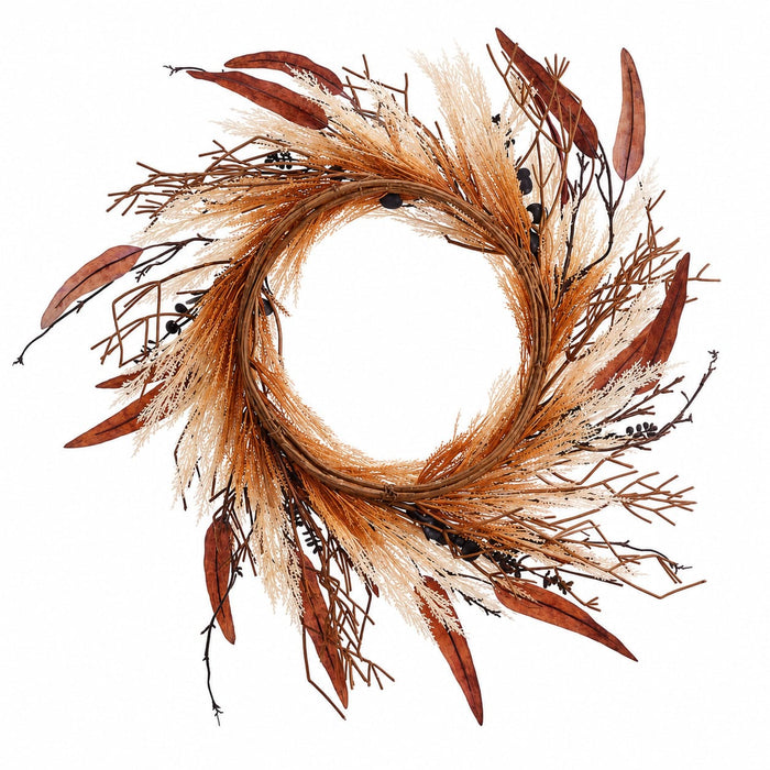 24" Silk Eucalyptus, Rattail Grass & Twig Wreath -Beige/Brown (Pack of 2) - PWX203-BE/BR