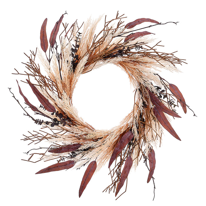 24" Silk Eucalyptus, Rattail Grass & Twig Wreath -Beige/Brown (Pack of 2) - PWX203-BE/BR