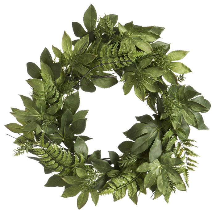 25" Silk Aralia & Fern Leaf Hanging Wreath -Green (pack of 4) - PWX313-GR