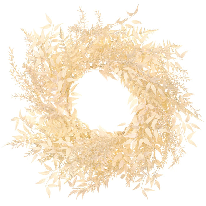 28" Silk Ruscus Leaf & Fern Hanging Wreath -Cream - PWX918-CR