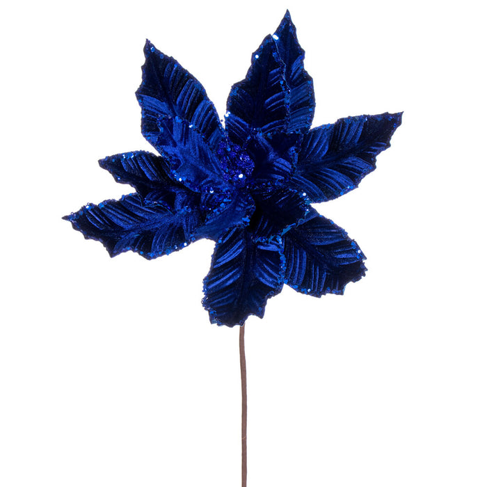 24"Hx13"W Sequin Velvet Artificial Poinsettia Flower Stem -Blue (Pack of 12) - RG221302