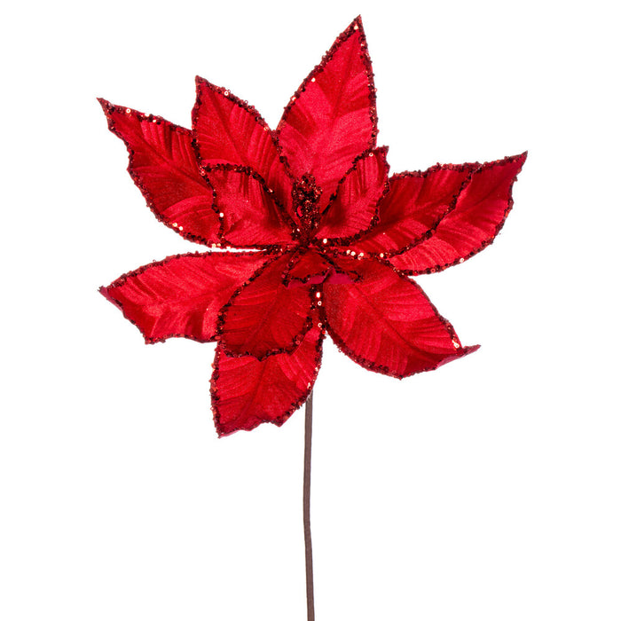 24"Hx13"W Sequin Velvet Artificial Poinsettia Flower Stem -Red (Pack of 12) - RG221303