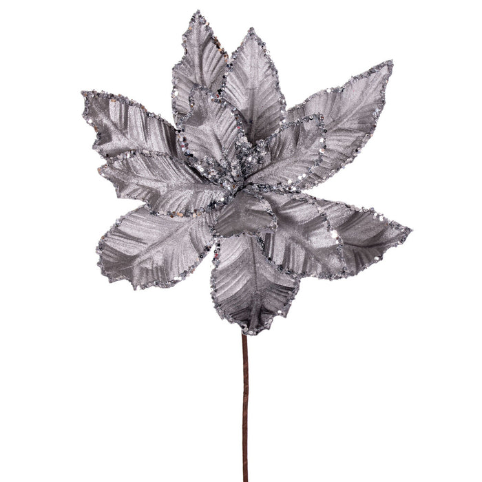 24"Hx13"W Sequin Velvet Artificial Poinsettia Flower Stem -Silver (Pack of 12) - RG221307