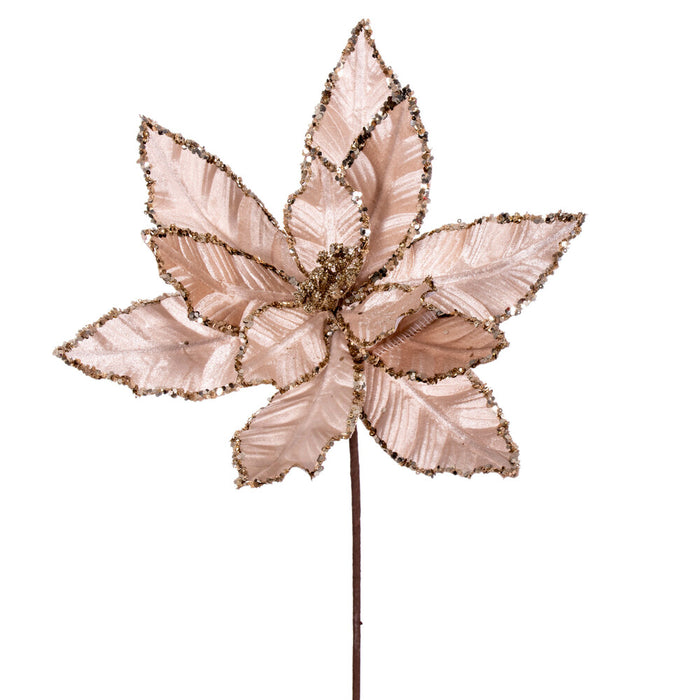 24"Hx13"W Sequin Velvet Artificial Poinsettia Flower Stem -Champagne (Pack of 12) - RG221338