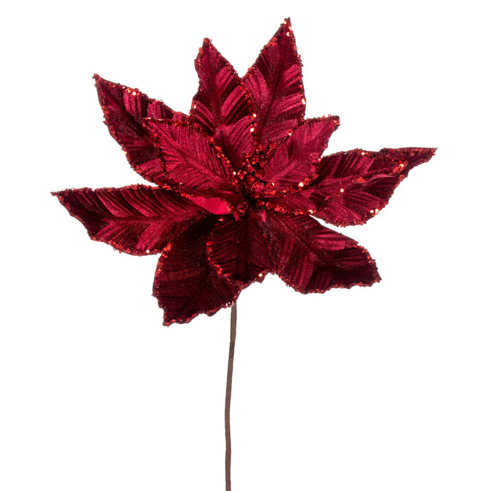 24"Hx13"W Sequin Velvet Artificial Poinsettia Flower Stem -Burgundy (Pack of 12) - RG221365