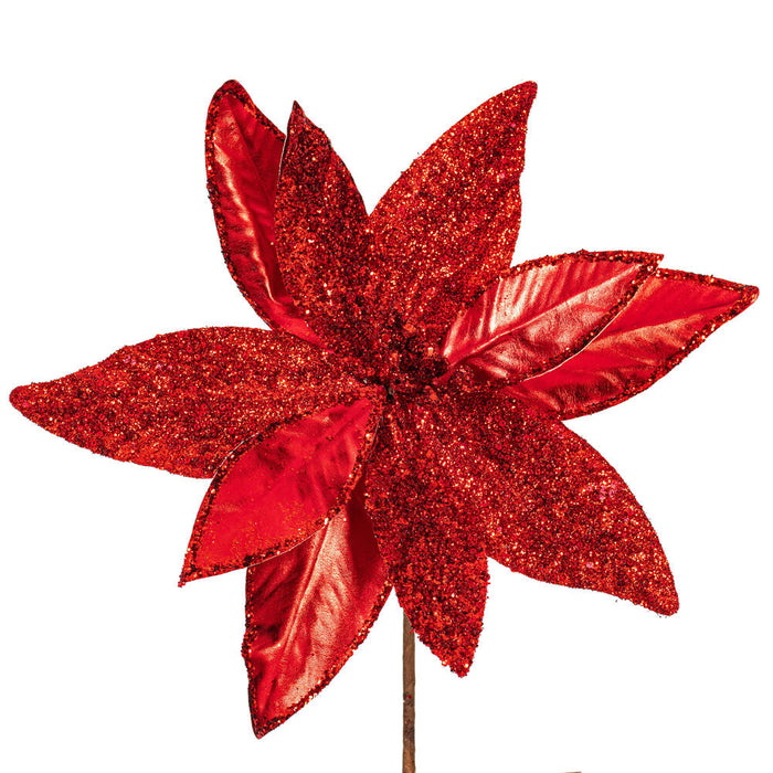 21.5"Hx11"W Glittered Artificial Poinsettia Flower Stem -Red (Pack of 12) - RG230103