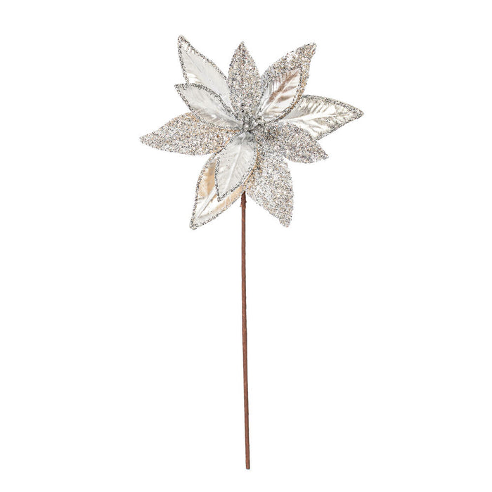 21.5"Hx11"W Glittered Artificial Poinsettia Flower Stem -Silver (Pack of 12) - RG230107