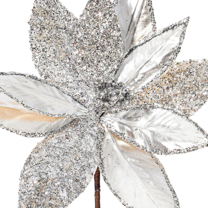 21.5"Hx11"W Glittered Artificial Poinsettia Flower Stem -Silver (Pack of 12) - RG230107