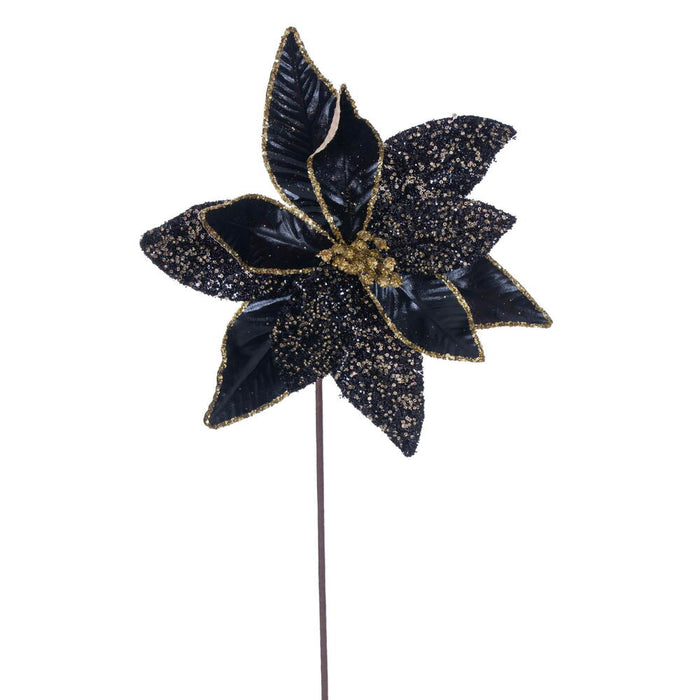 21.5"Hx11"W Glittered Artificial Poinsettia Flower Stem -Black (Pack of 12) - RG230117