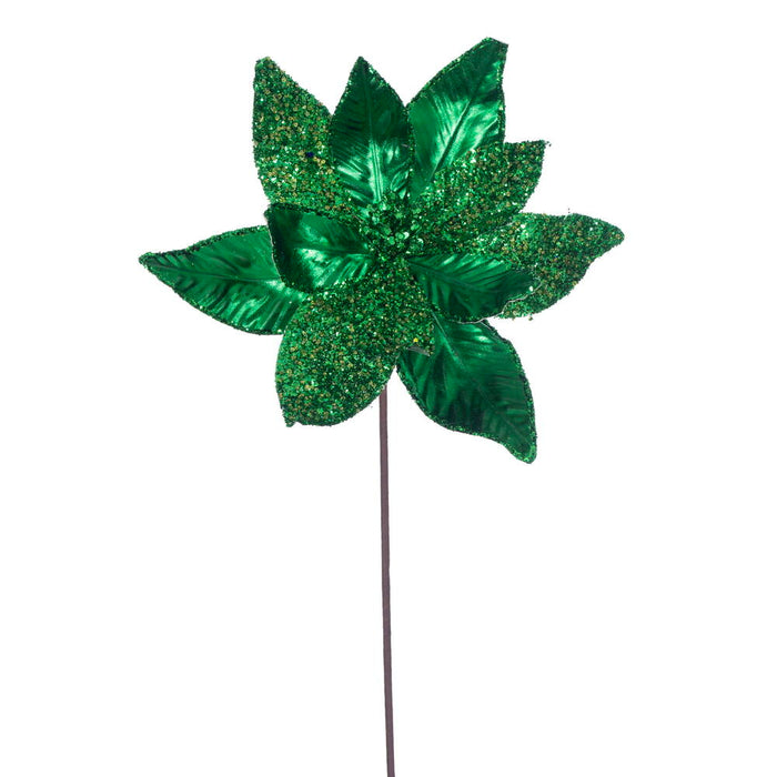 21.5"Hx11"W Glittered Artificial Poinsettia Flower Stem -Midnight Green (Pack of 12) - RG230174