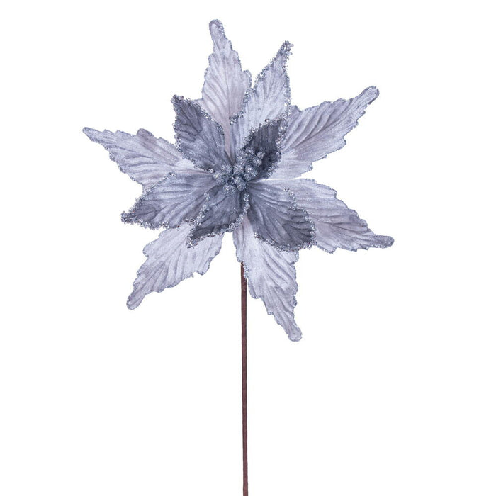 21.5"x12" Glittered Artificial Poinsettia Flower Stem -Silver (Pack of 12) - RG234907