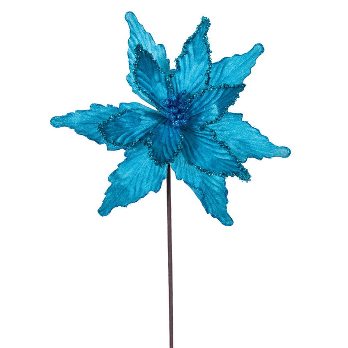21.5"x12" Glittered Artificial Poinsettia Flower Stem -Turquoise (Pack of 12) - RG234912