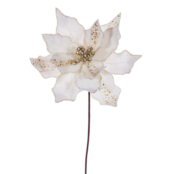 20"x10" Glittered Velvet Striped Artificial Poinsettia Flower Stem -Cream (Pack of 12) - RG240701