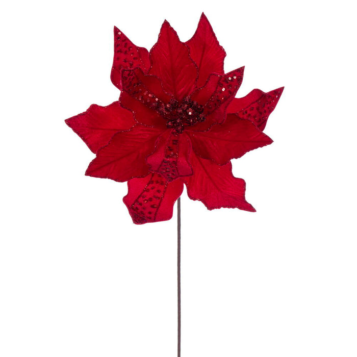 20"x10" Glittered Velvet Striped Artificial Poinsettia Flower Stem -Red (Pack of 12) - RG240703