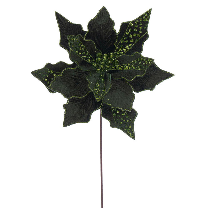 20"x10" Glittered Velvet Striped Artificial Poinsettia Flower Stem -Green (Pack of 12) - RG240704