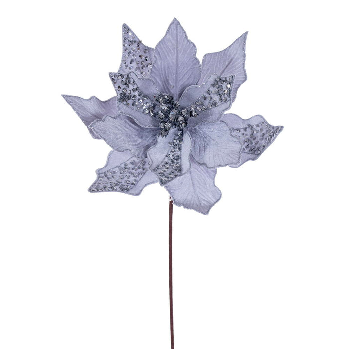 20"x10" Glittered Velvet Striped Artificial Poinsettia Flower Stem -Silver (Pack of 12) - RG240707