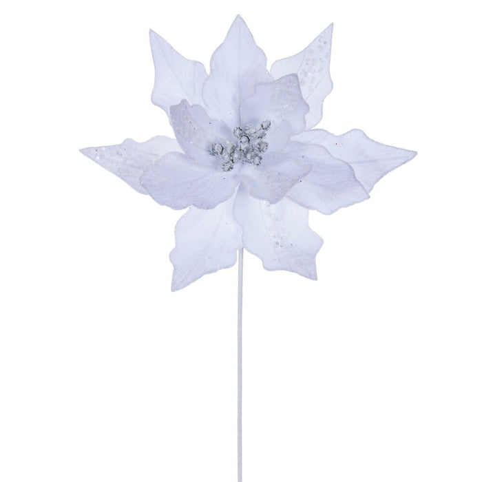 20"x10" Glittered Velvet Striped Artificial Poinsettia Flower Stem -White (Pack of 12) - RG240711