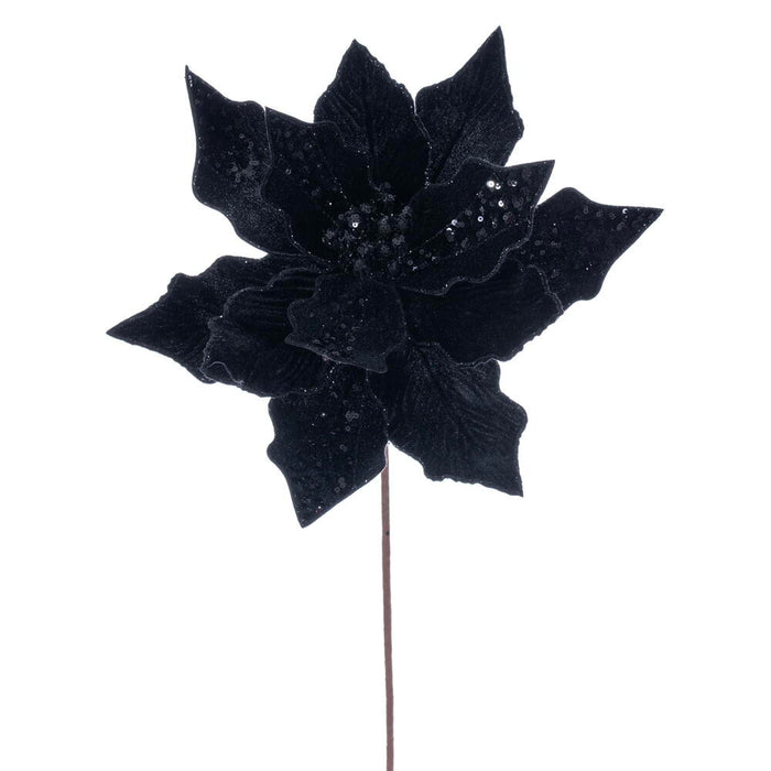 20"x10" Glittered Velvet Striped Artificial Poinsettia Flower Stem -Black (Pack of 12) - RG240717