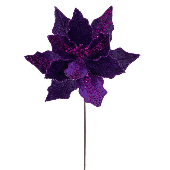 20"x10" Glittered Velvet Striped Artificial Poinsettia Flower Stem -Plum (Pack of 12) - RG240726